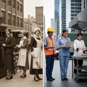 Los trabajos más comunes para las mujeres en la década de 1920 frente a la de 2020.